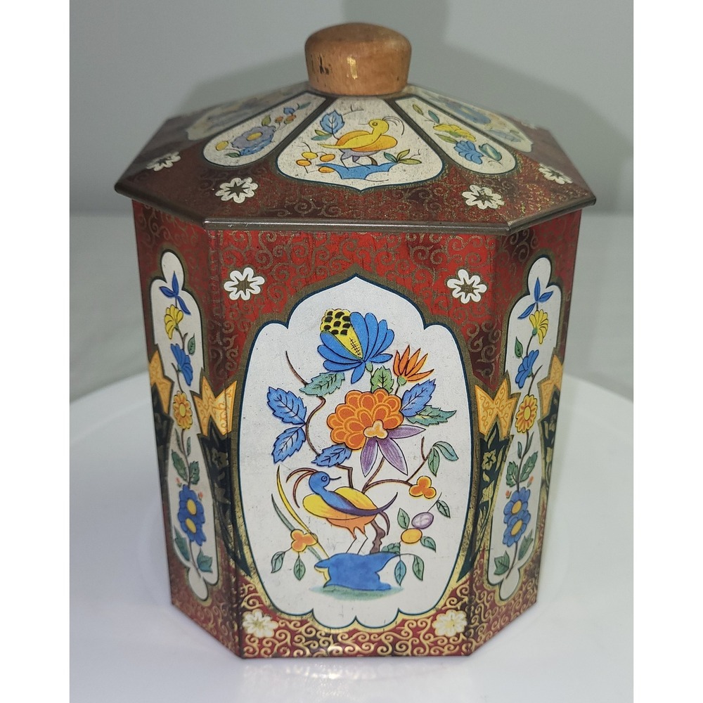 Baret Ware Tea Tin Vintage Octagonal Red Bird Floral England 6in Chinoiserie
